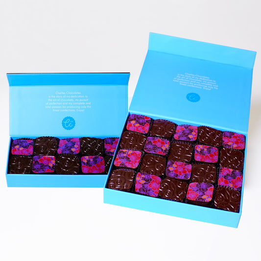 Our Mother's Day Fleur de Sel Caramel collection features our Classic Fleur de Sel caramels decorated with a pink flower motif and is paired with our classic Bittersweet Fleur de Sel Caramels.
