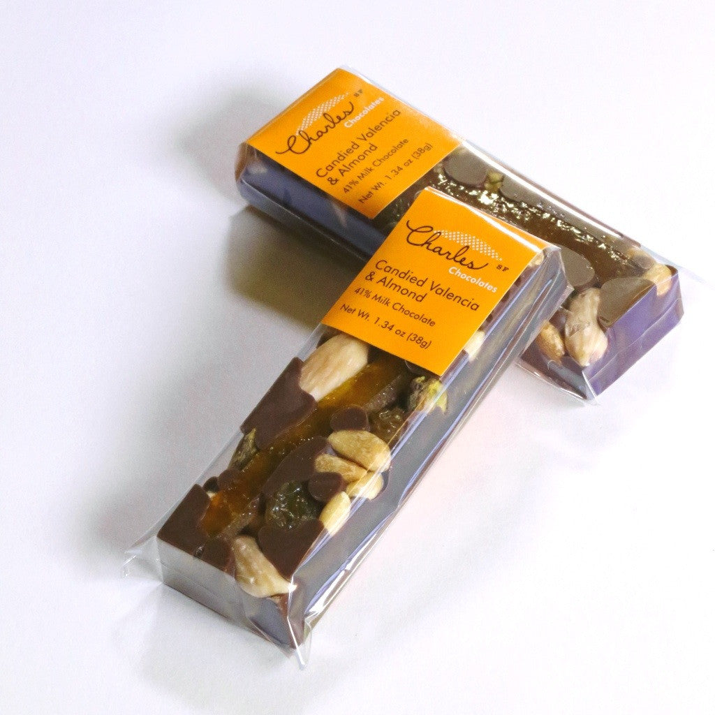 Candied Valencia & Almond Bar, Milk Chocolate - Charles Chocolates
