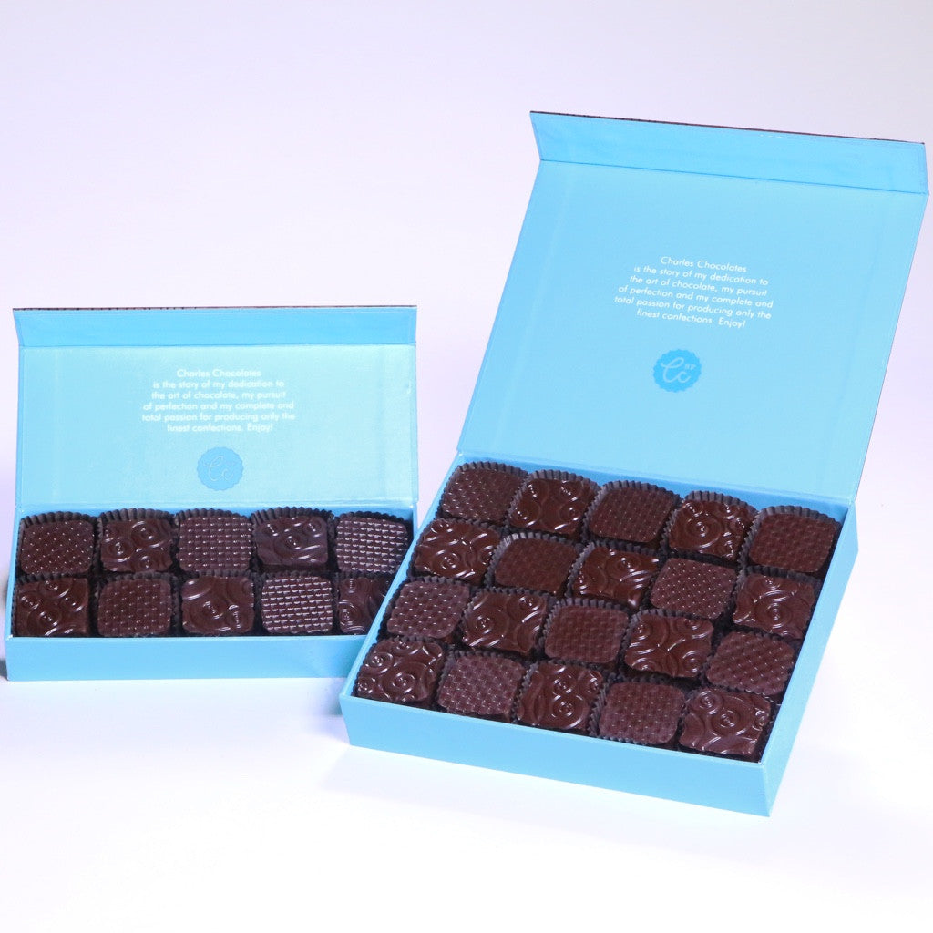 A box of Fleur de Sel Caramels from Charles Chocolates.