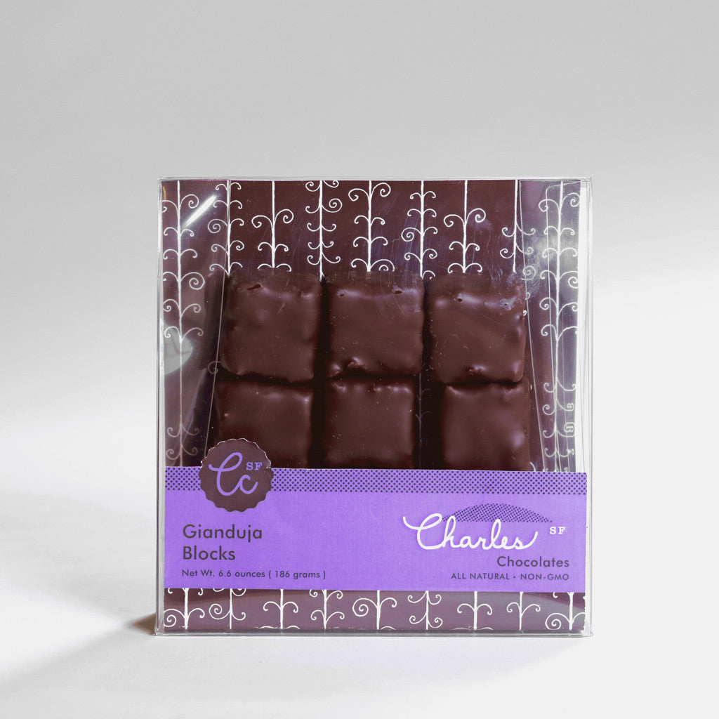 Gianduja Blocks from Charles Chocolates coated in bittersweet chocolate.