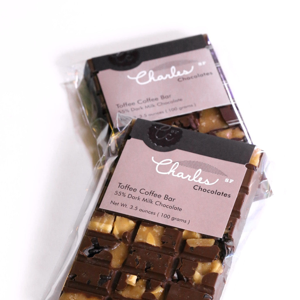 The Toffee Coffee Bar from Charles Chocolates with almond toffee and roasted coffee beans.