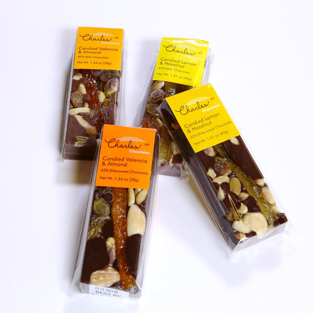 Mendiant bars from Charles Chocolates topped with dried fruits and roasted nuts.