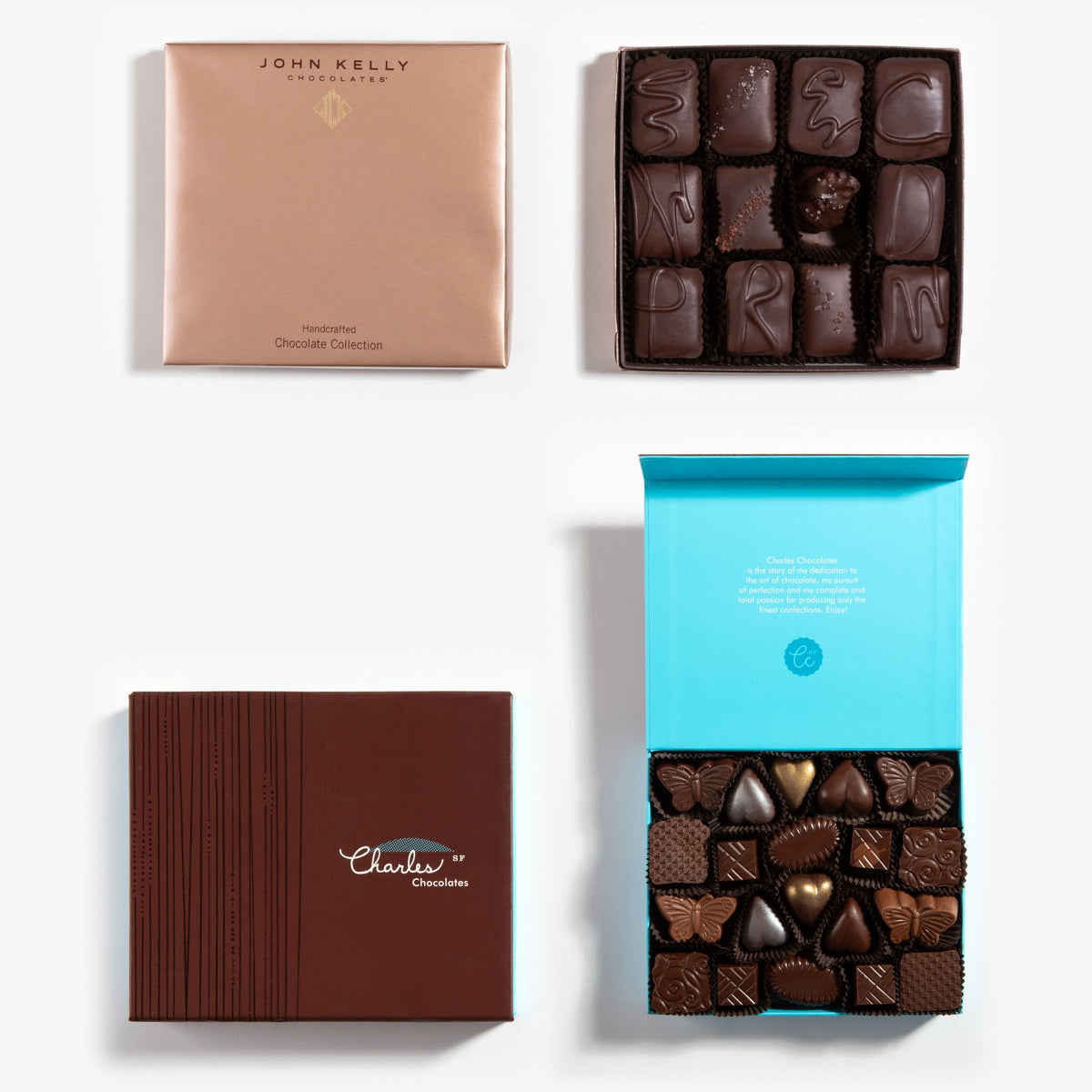 Charles Chocolates Classic Collection 20pc and John Kelly Signature Collection 12pc, closed and open