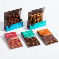 Artisan Chocolate Set Medium: Triple Chocolate Almonds, Caramel Almond Sticks, Ruby Raspberry & Pistachio Bar, Salty-Sweet Hazelnut Bar, Salty-Sweet Cashew Bar
