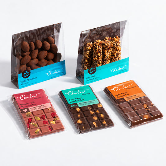 Artisan Chocolate Set Medium: Triple Chocolate Almonds, Caramel Almond Sticks, Ruby Raspberry & Pistachio Bar, Salty-Sweet Hazelnut Bar, Salty-Sweet Cashew Bar