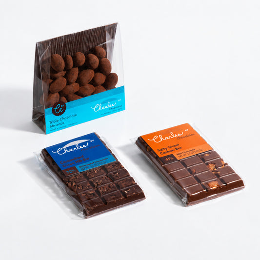 Artisan Chocolate Gift Set Small: Triple Chocolate Almonds, Caramelized Cocoa Nib Bar, Salty-Sweet Cashew Bar