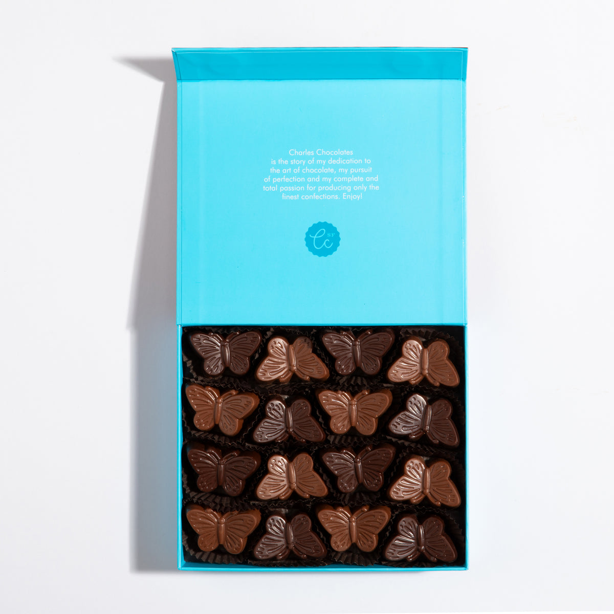Peanut Butterflies large gift box, open, milk chocolate butterflies