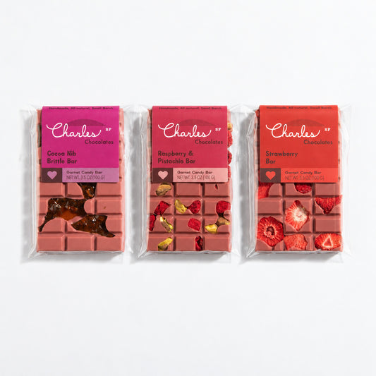 Ruby Garnet Chocolate Bar Collection: Cocoa Nib Brittle, Raspberry & Pistachio and Strawberry bars