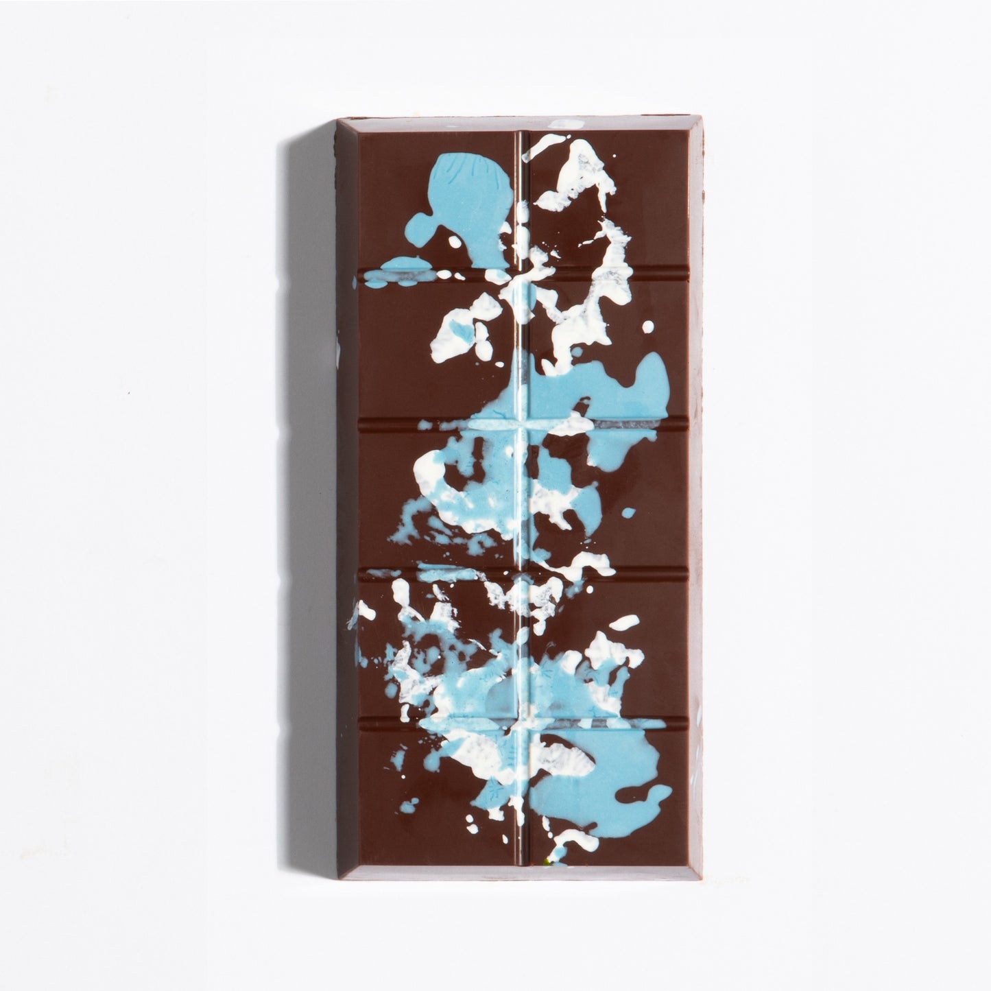 Unwrapped Almond French Praline Crunch Bar with blue cocoa butter splatter on dark chocolate