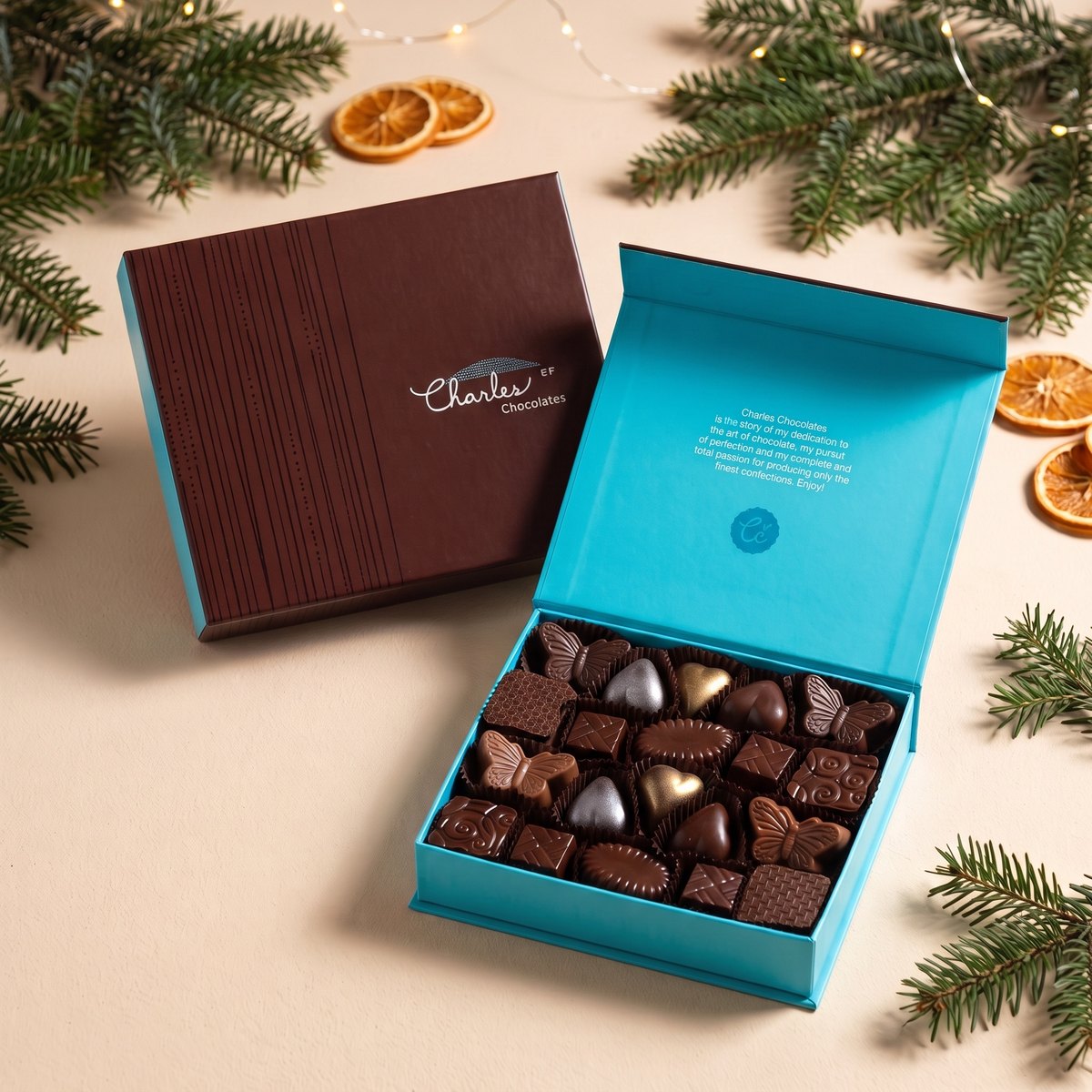 Charles Chocolates gift box open with fir branches and dried orange slices