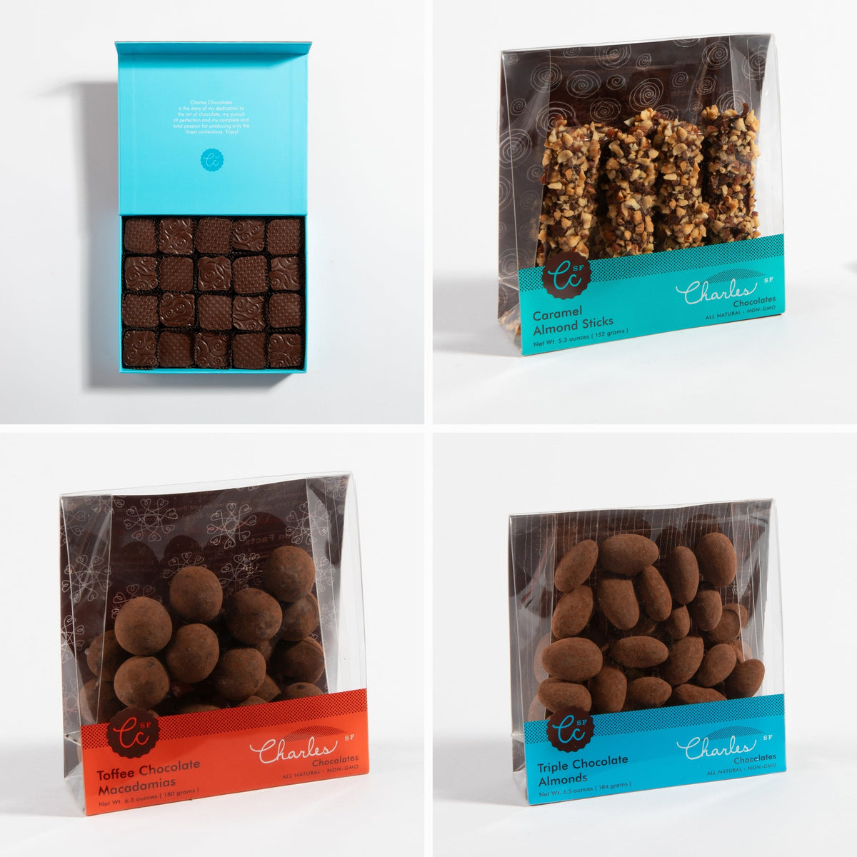 It's Going to be a Long Month set: Fleur de Sel Caramels 20 piece box, Caramel Almond Sticks, Toffee Chocolate Macadamias and Triple Chocolate Almonds