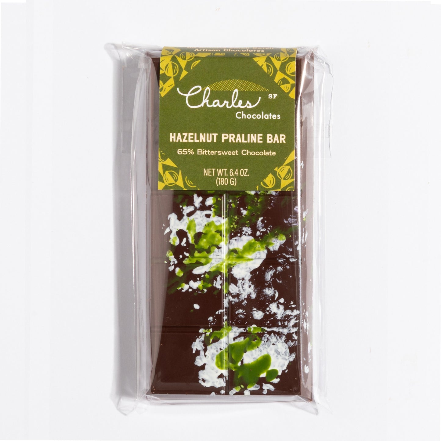 Hazelnut French Praline Crunch Bar in its olive botanical wrapper by Charles Chocolates