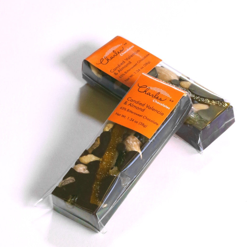 Candied Valencia & Almond Bar, Bittersweet Chocolate - Charles Chocolates
